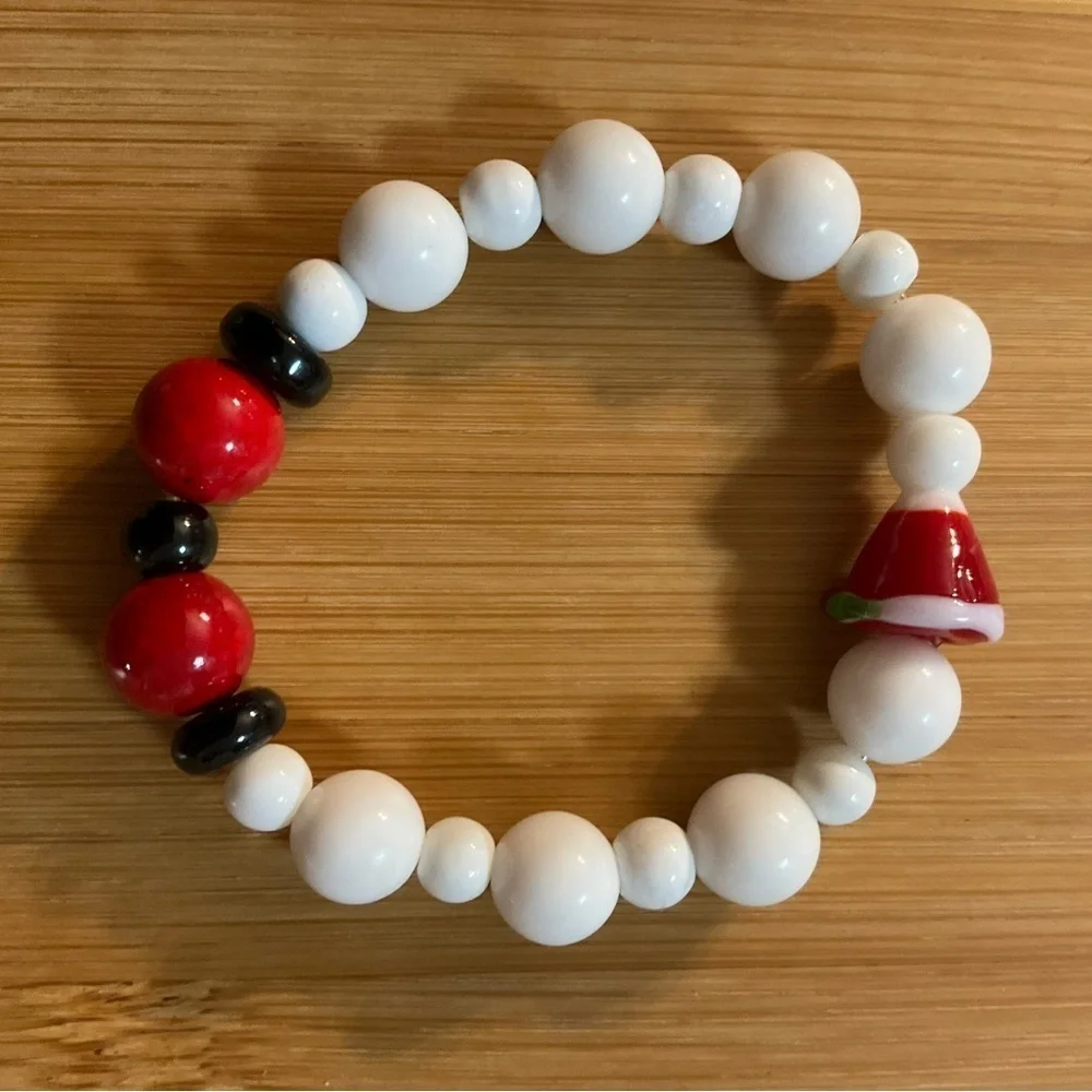 Hand Crafted Santa Claus Hat Earrings and Stretch Bracelet Red White Christmas
